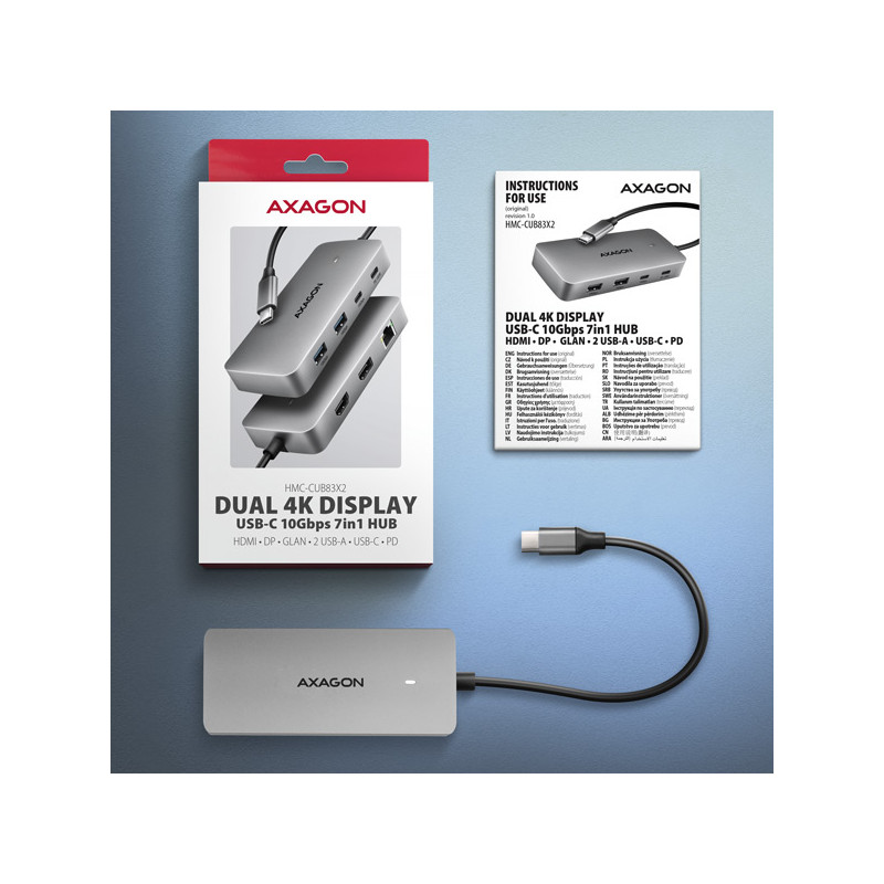 AXAGON HMC-CUB83X2, USB 10Gbps húb, 2x USB-A, USB-C, HDMI a DP 4k/144Hz, RJ-45, PD 100W, kábel 15cm