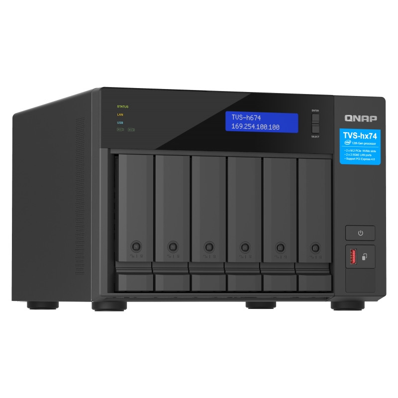 QNAP TVS-h674-i3-16G (4core 4,3 GHz, ZFS, 16 GB RAM, 6x SATA, 2x M.2 NVMe, 2x PCIe, 2x 2,5GbE, HDMI)