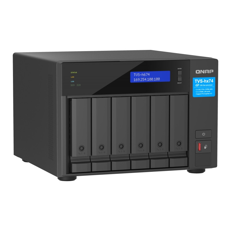 QNAP TVS-h674-i3-16G (4core 4,3 GHz, ZFS, 16 GB RAM, 6x SATA, 2x M.2 NVMe, 2x PCIe, 2x 2,5GbE, HDMI)