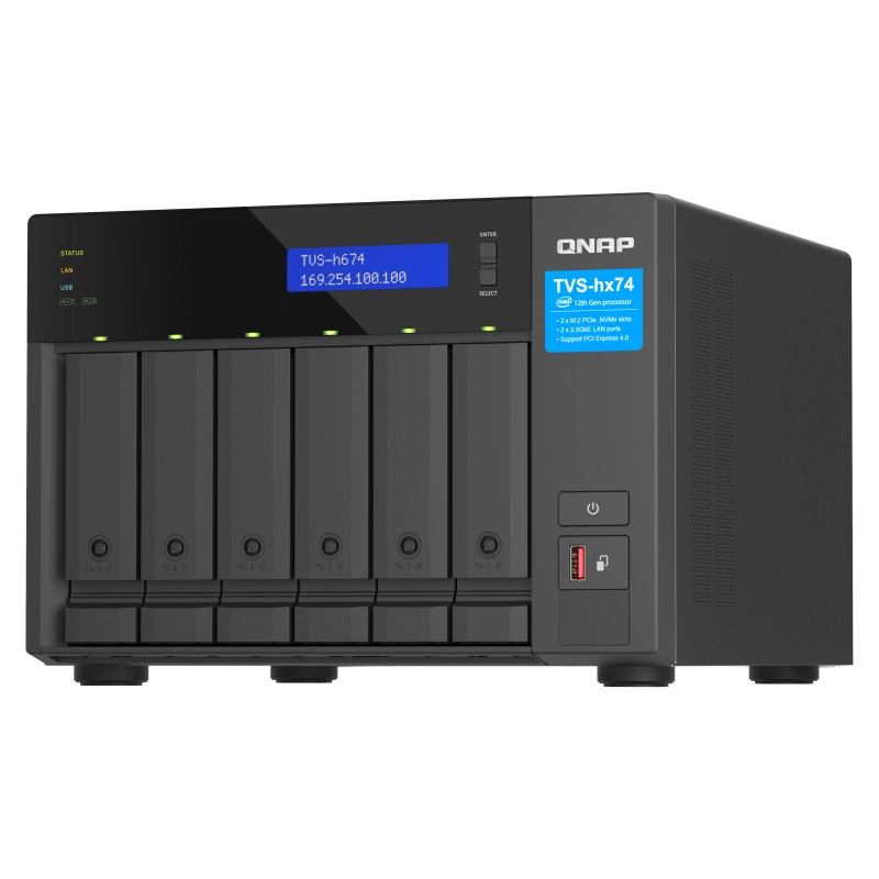 QNAP TVS-h674-i3-16G (4core 4,3 GHz, ZFS, 16 GB RAM, 6x SATA, 2x M.2 NVMe, 2x PCIe, 2x 2,5GbE, HDMI)