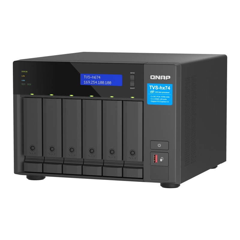 QNAP TVS-h674-i3-16G (4core 4,3 GHz, ZFS, 16 GB RAM, 6x SATA, 2x M.2 NVMe, 2x PCIe, 2x 2,5GbE, HDMI)