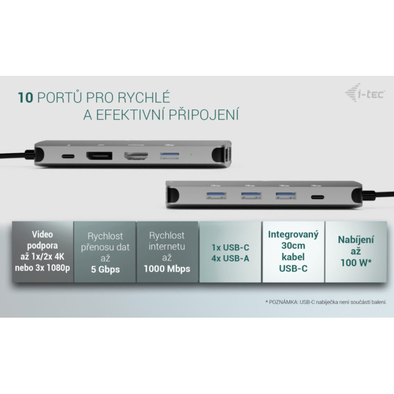 i-tec USB-C Metal Nano 3x Display (DP, HDMI a VGA) Docking Station, Power Delivery 100W