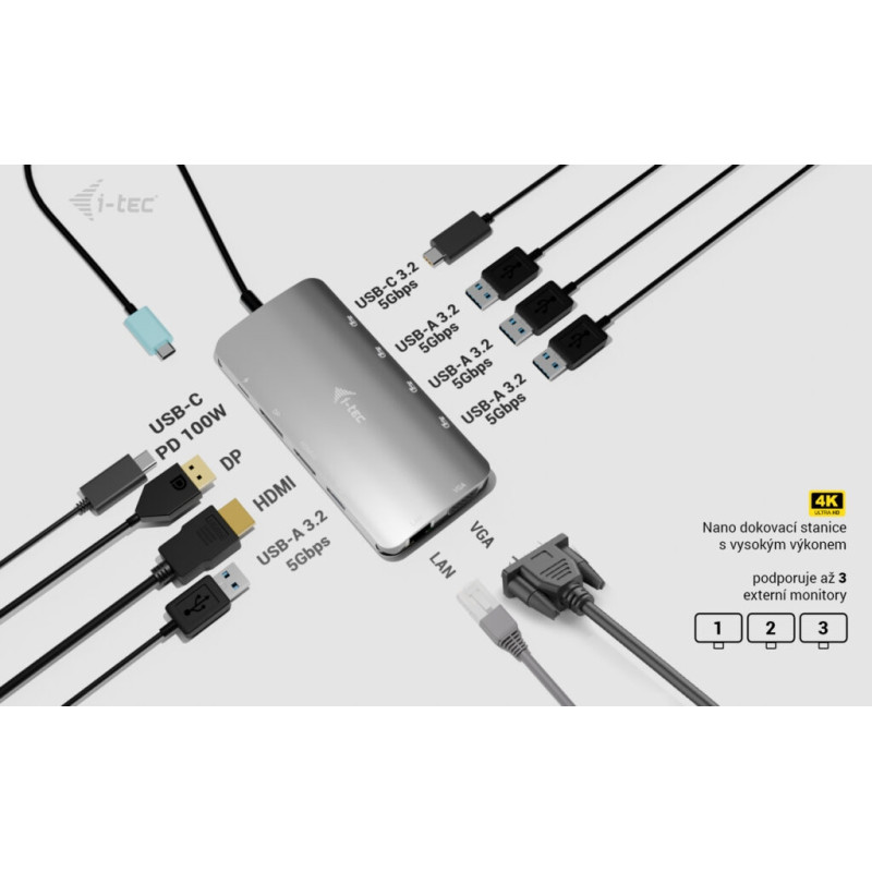 i-tec USB-C Metal Nano 3x Display (DP, HDMI a VGA) Docking Station, Power Delivery 100W