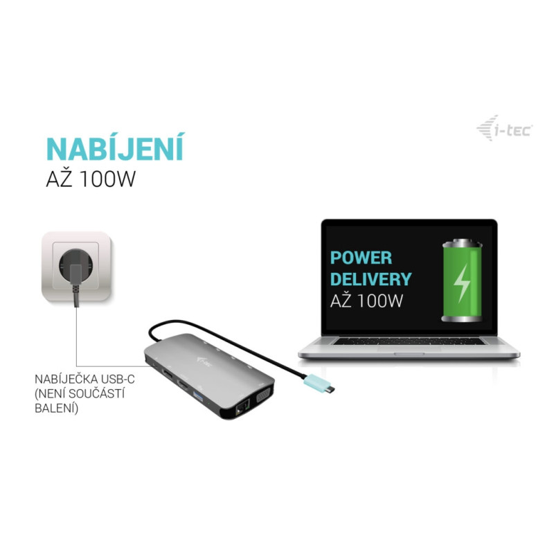 i-tec USB-C Metal Nano 3x Display (DP, HDMI a VGA) Docking Station, Power Delivery 100W