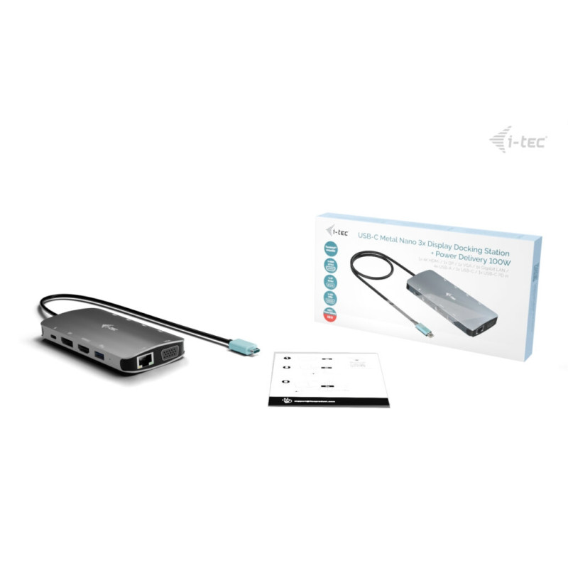 i-tec USB-C Metal Nano 3x Display (DP, HDMI a VGA) Docking Station, Power Delivery 100W