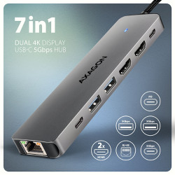 AXAGON HMC-7HX2, USB 5Gbps húb, 2x USB-A, USB-C, 2x HDMI 4k/60Hz, RJ-45 GLAN, PD 100W, kábel 15cm