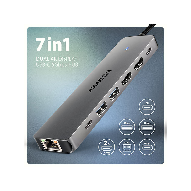 AXAGON HMC-7HX2, USB 5Gbps húb, 2x USB-A, USB-C, 2x HDMI 4k/60Hz, RJ-45 GLAN, PD 100W, kábel 15cm