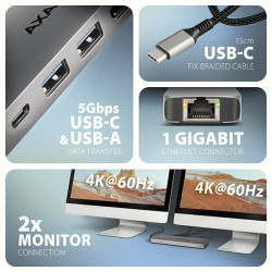 AXAGON HMC-7HX2, USB 5Gbps húb, 2x USB-A, USB-C, 2x HDMI 4k/60Hz, RJ-45 GLAN, PD 100W, kábel 15cm