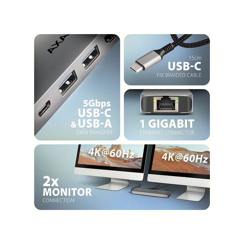 AXAGON HMC-7HX2, USB 5Gbps húb, 2x USB-A, USB-C, 2x HDMI 4k/60Hz, RJ-45 GLAN, PD 100W, kábel 15cm