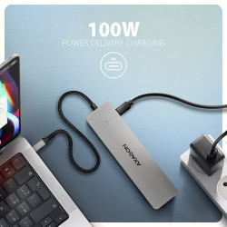 AXAGON HMC-7HX2, USB 5Gbps húb, 2x USB-A, USB-C, 2x HDMI 4k/60Hz, RJ-45 GLAN, PD 100W, kábel 15cm