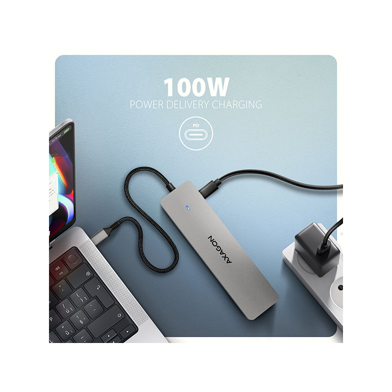 AXAGON HMC-7HX2, USB 5Gbps húb, 2x USB-A, USB-C, 2x HDMI 4k/60Hz, RJ-45 GLAN, PD 100W, kábel 15cm