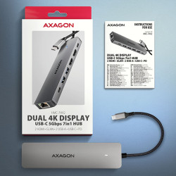 AXAGON HMC-7HX2, USB 5Gbps húb, 2x USB-A, USB-C, 2x HDMI 4k/60Hz, RJ-45 GLAN, PD 100W, kábel 15cm