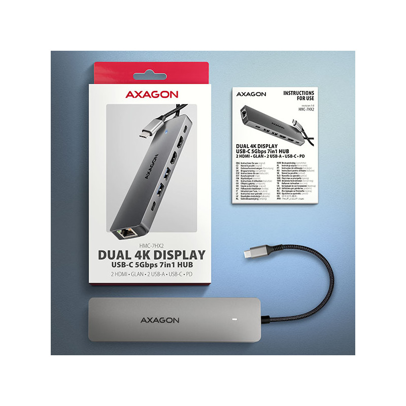 AXAGON HMC-7HX2, USB 5Gbps húb, 2x USB-A, USB-C, 2x HDMI 4k/60Hz, RJ-45 GLAN, PD 100W, kábel 15cm