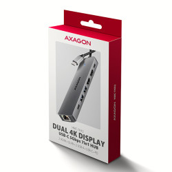 AXAGON HMC-7HX2, USB 5Gbps húb, 2x USB-A, USB-C, 2x HDMI 4k/60Hz, RJ-45 GLAN, PD 100W, kábel 15cm