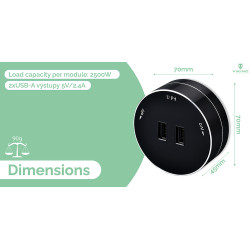 Zásuvkový modul Viking A50B, čierna/výstupy - 1xUSB-A/výkon až 2500W/230V,16A,50Hz