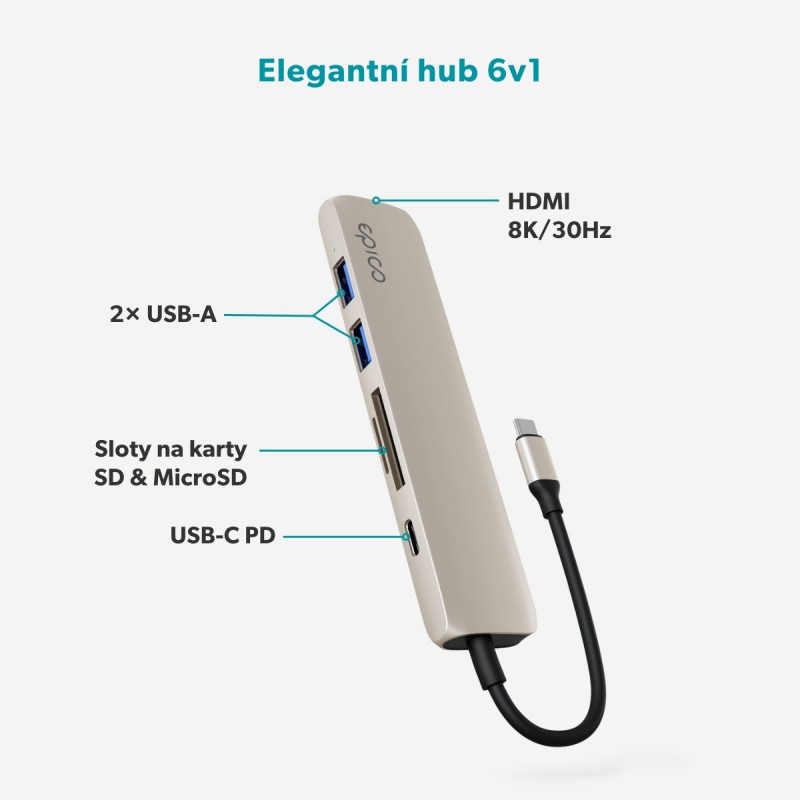 Epico 6v1 hliníkový USB-C 8K húb - hviezdna