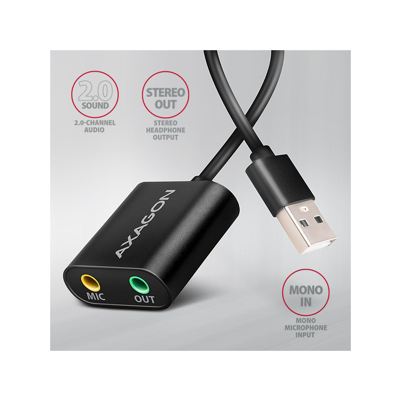 AXAGON ADA-12, USB 2.0 - externá zvuková karta, 48kHz/16-bit stereo, kovová, kábel USB-A 15 cm