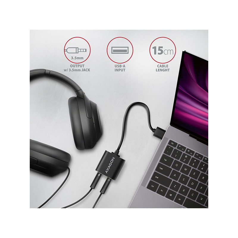 AXAGON ADA-12, USB 2.0 - externá zvuková karta, 48kHz/16-bit stereo, kovová, kábel USB-A 15 cm