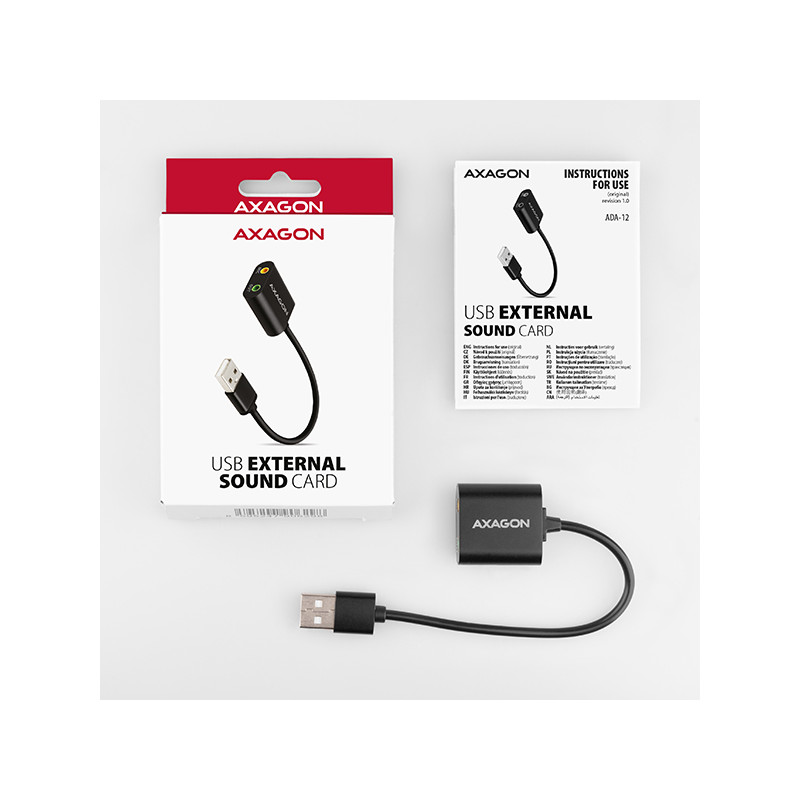 AXAGON ADA-12, USB 2.0 - externá zvuková karta, 48kHz/16-bit stereo, kovová, kábel USB-A 15 cm