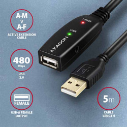 AXAGON ADR-205, USB 2.0 A-M - A-F aktívny predlžovací / repeater kábel, 5m