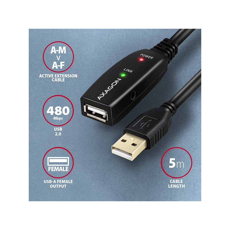 AXAGON ADR-205, USB 2.0 A-M - A-F aktívny predlžovací / repeater kábel, 5m