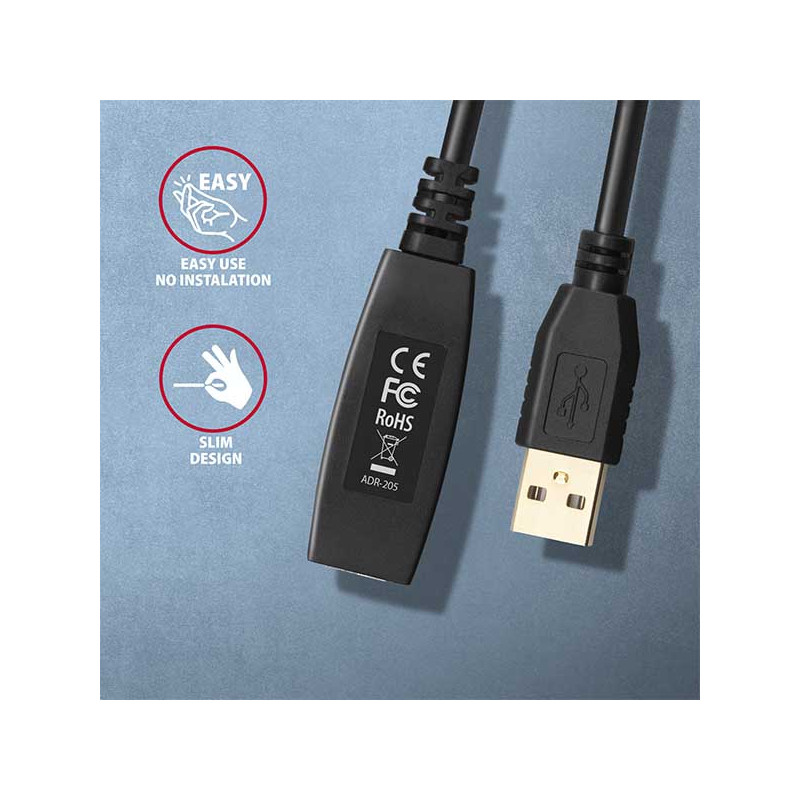 AXAGON ADR-205, USB 2.0 A-M - A-F aktívny predlžovací / repeater kábel, 5m