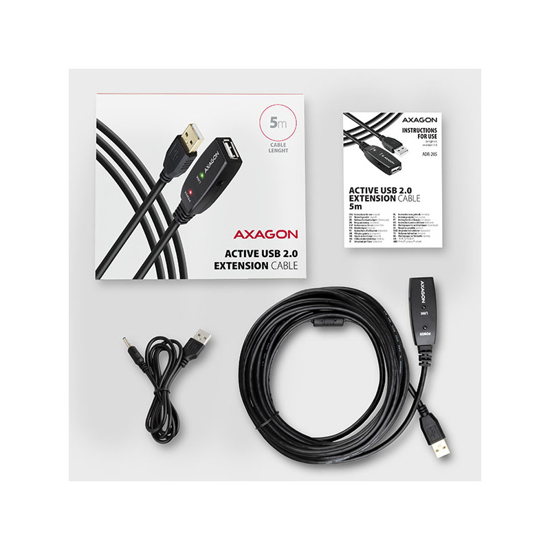 AXAGON ADR-205, USB 2.0 A-M - A-F aktívny predlžovací / repeater kábel, 5m