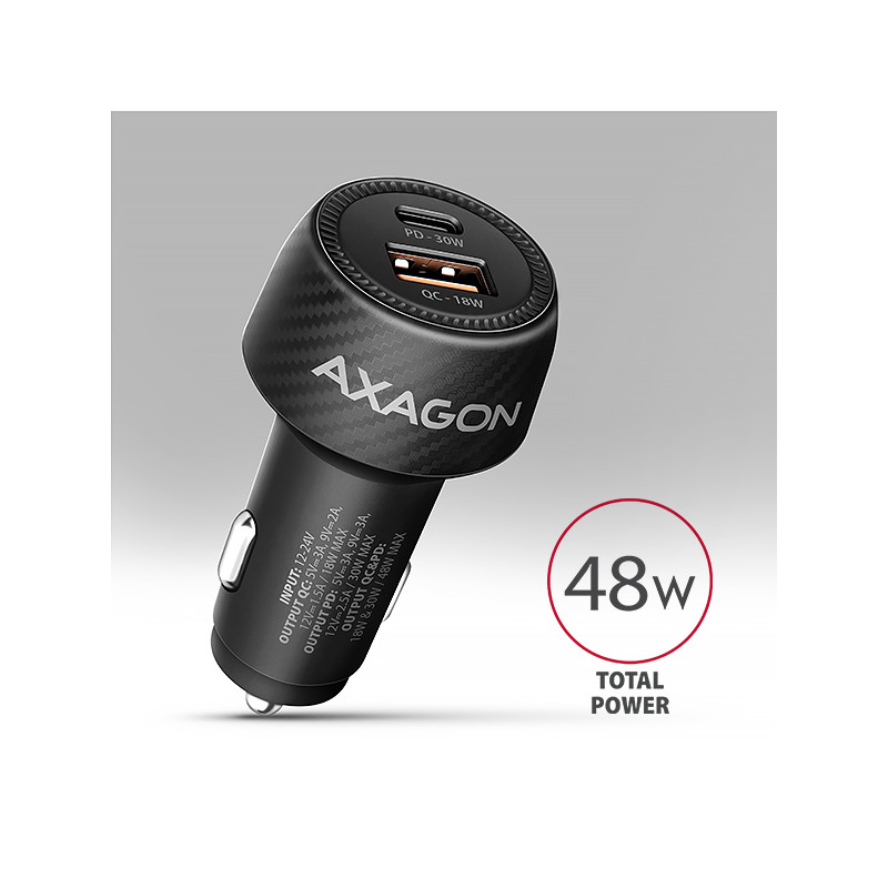 AXAGON PWC-PQ48 nabíjačka do auta 48W, USB-A + USB-C, PD3.0/PPS/QC4+/SFC/Apple