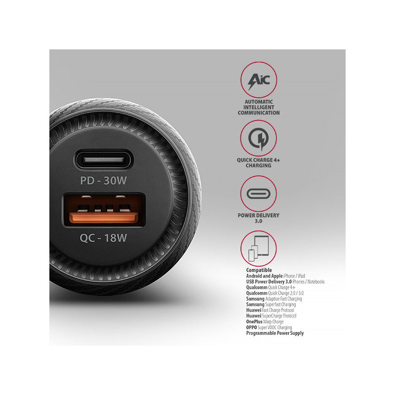 AXAGON PWC-PQ48 nabíjačka do auta 48W, USB-A + USB-C, PD3.0/PPS/QC4+/SFC/Apple