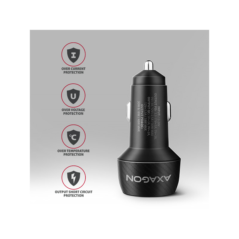 AXAGON PWC-PQ48 nabíjačka do auta 48W, USB-A + USB-C, PD3.0/PPS/QC4+/SFC/Apple