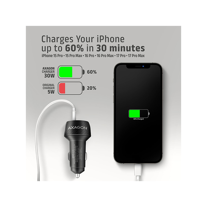 AXAGON PWC-PQ48 nabíjačka do auta 48W, USB-A + USB-C, PD3.0/PPS/QC4+/SFC/Apple