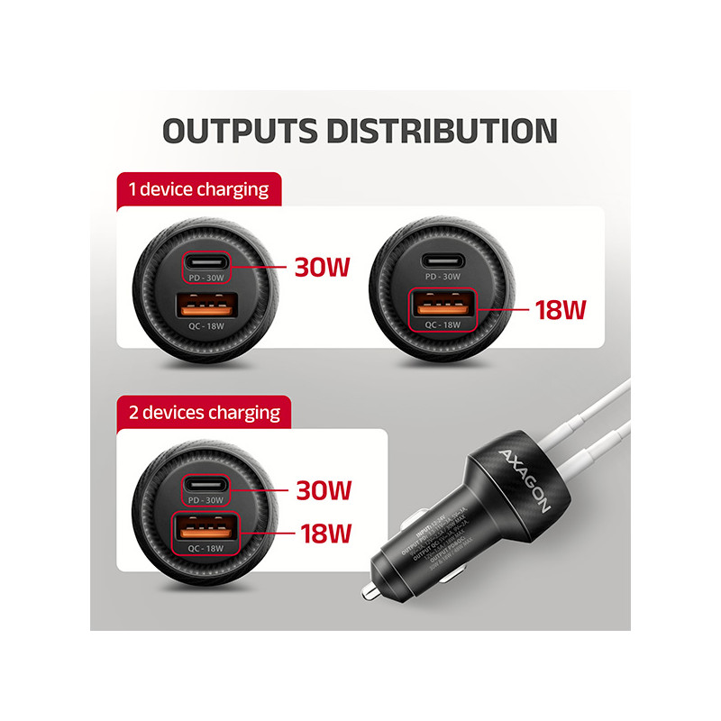 AXAGON PWC-PQ48 nabíjačka do auta 48W, USB-A + USB-C, PD3.0/PPS/QC4+/SFC/Apple