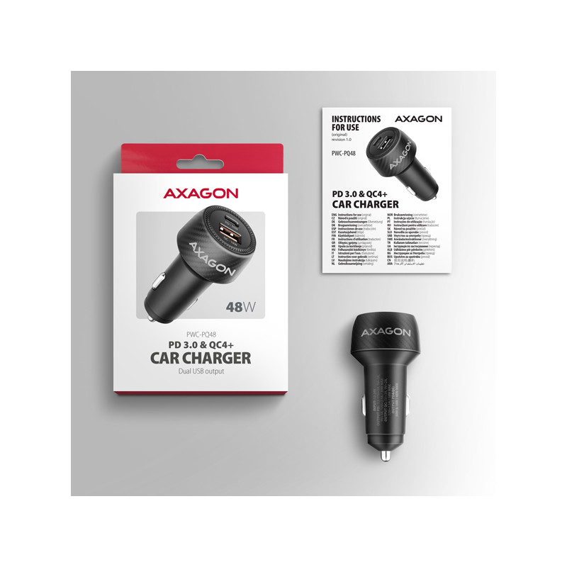 AXAGON PWC-PQ48 nabíjačka do auta 48W, USB-A + USB-C, PD3.0/PPS/QC4+/SFC/Apple