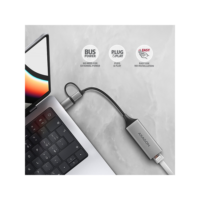 AXAGON ADE-TXCA, USB-C + USB-A 3.2 Gen 1 - Gigabit Ethernet sieťová karta, Asix AX88179, auto inštal