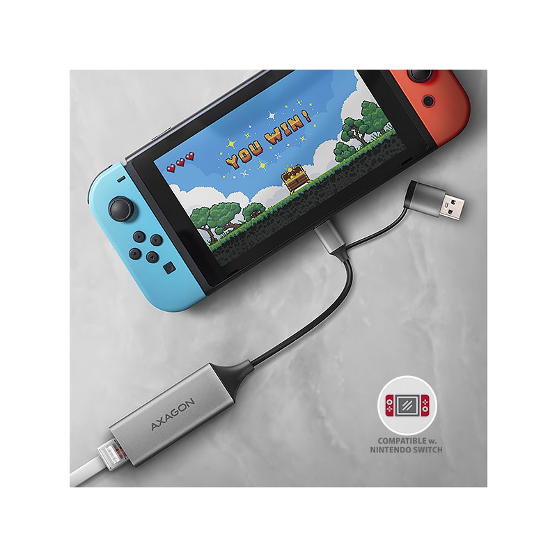 AXAGON ADE-TXCA, USB-C + USB-A 3.2 Gen 1 - Gigabit Ethernet sieťová karta, Asix AX88179, auto inštal