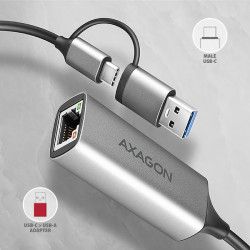 AXAGON ADE-TXCA, USB-C + USB-A 3.2 Gen 1 - Gigabit Ethernet sieťová karta, Asix AX88179, auto inštal