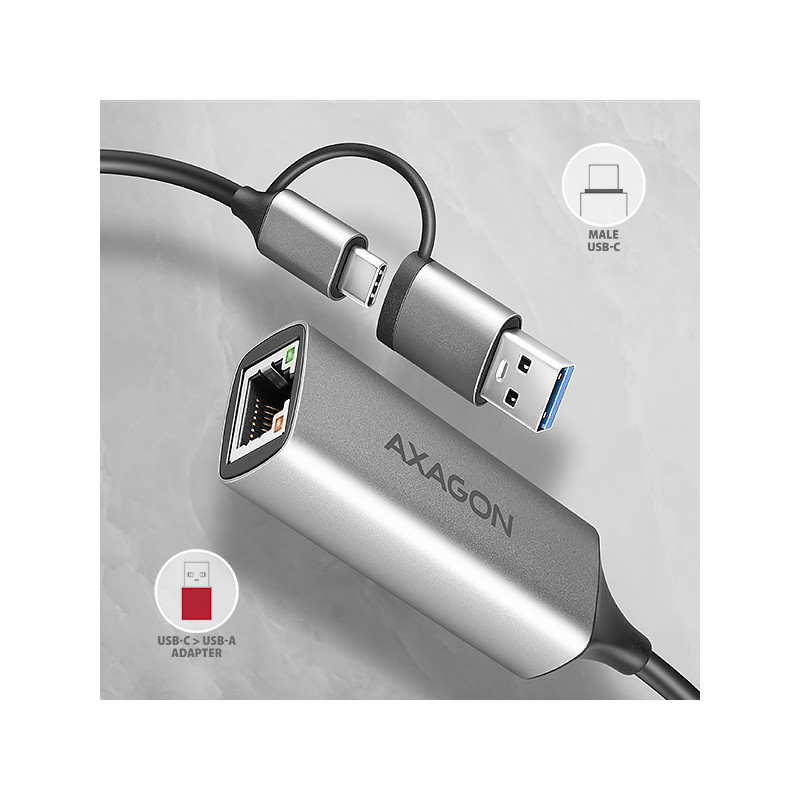 AXAGON ADE-TXCA, USB-C + USB-A 3.2 Gen 1 - Gigabit Ethernet sieťová karta, Asix AX88179, auto inštal