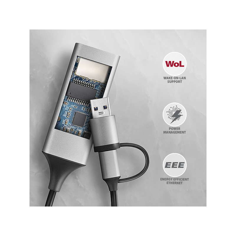 AXAGON ADE-TXCA, USB-C + USB-A 3.2 Gen 1 - Gigabit Ethernet sieťová karta, Asix AX88179, auto inštal