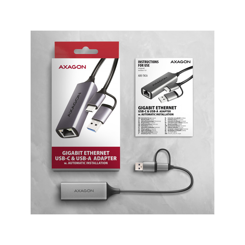 AXAGON ADE-TXCA, USB-C + USB-A 3.2 Gen 1 - Gigabit Ethernet sieťová karta, Asix AX88179, auto inštal