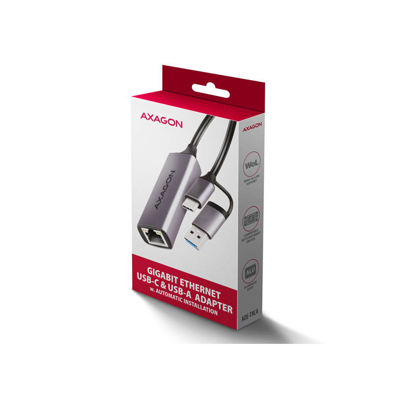 AXAGON ADE-TXCA, USB-C + USB-A 3.2 Gen 1 - Gigabit Ethernet sieťová karta, Asix AX88179, auto inštal