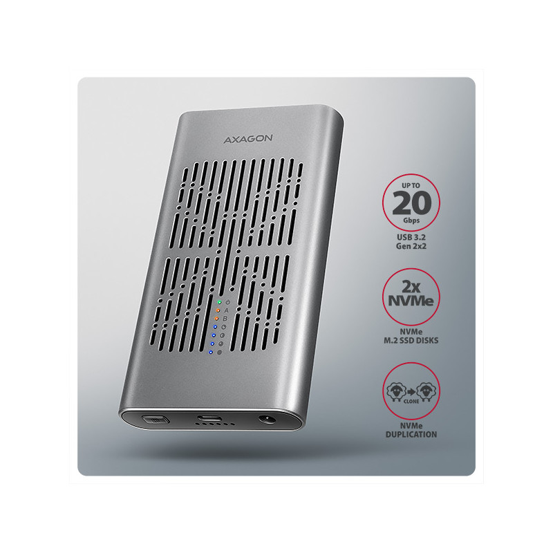 AXAGON EEM2-20GD, USB-C 20Gbps externý box pre dvoch M.2 NVMe SSD s funkciou klonovania