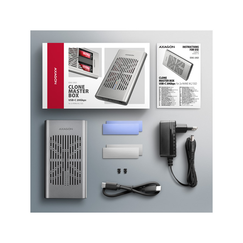 AXAGON EEM2-20GD, USB-C 20Gbps externý box pre dvoch M.2 NVMe SSD s funkciou klonovania