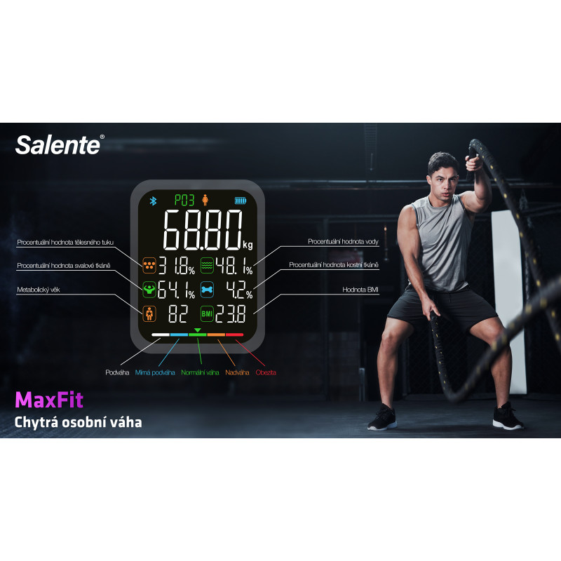 Salente MaxFit, múdra osobná diagnostická fitness váha, Bluetooth, čierna