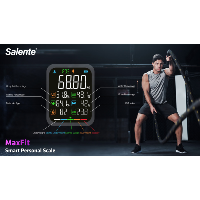 Salente MaxFit, múdra osobná diagnostická fitness váha, Bluetooth, čierna