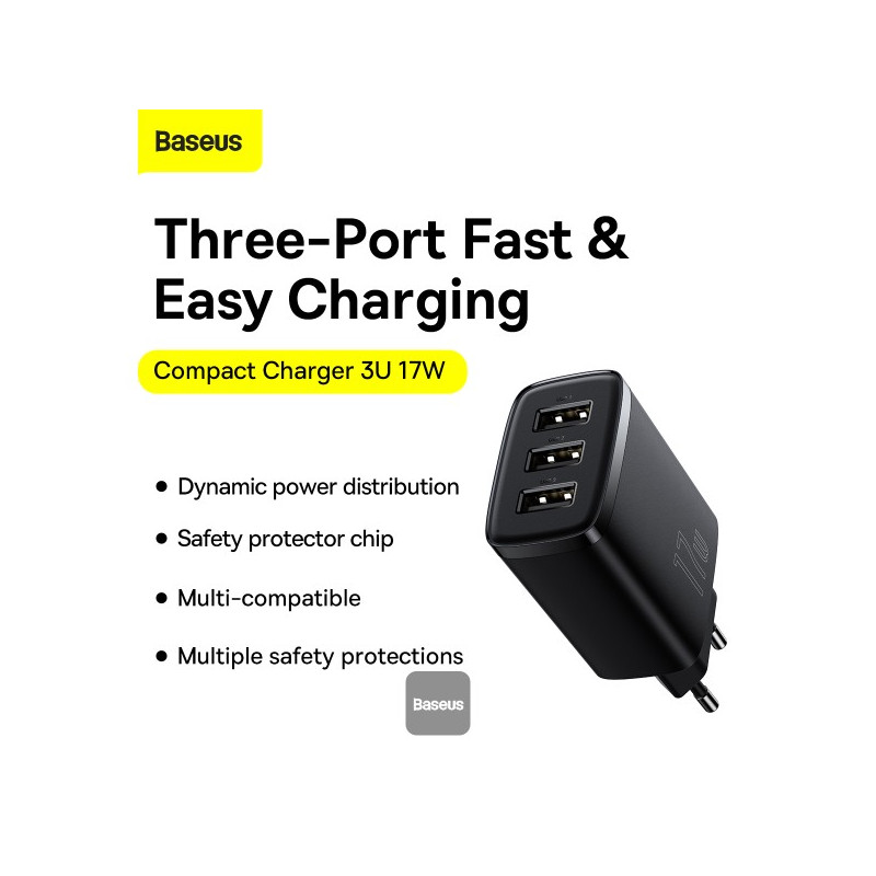 NONAME - Baseus nabíjačka do siete Compact 3xUSB 17W čierna