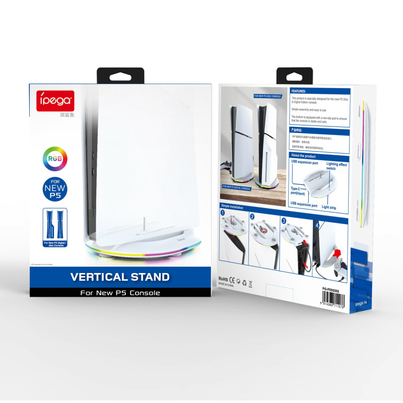 NONAME - iPega P5S035SA Vertikálny Stojan (2xUSB-A) s RGB pre PS5 Slim/PS5 Pre White