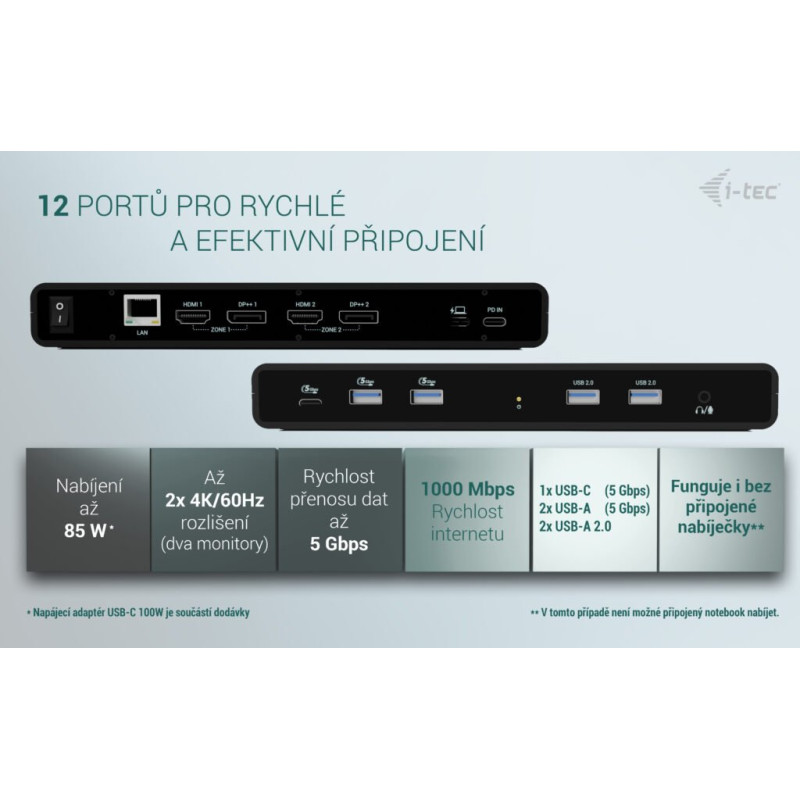 i-tec Universal Dual 4K Display Docking Station, Power Delivery 85W + i-tec USB-C Charger 100W