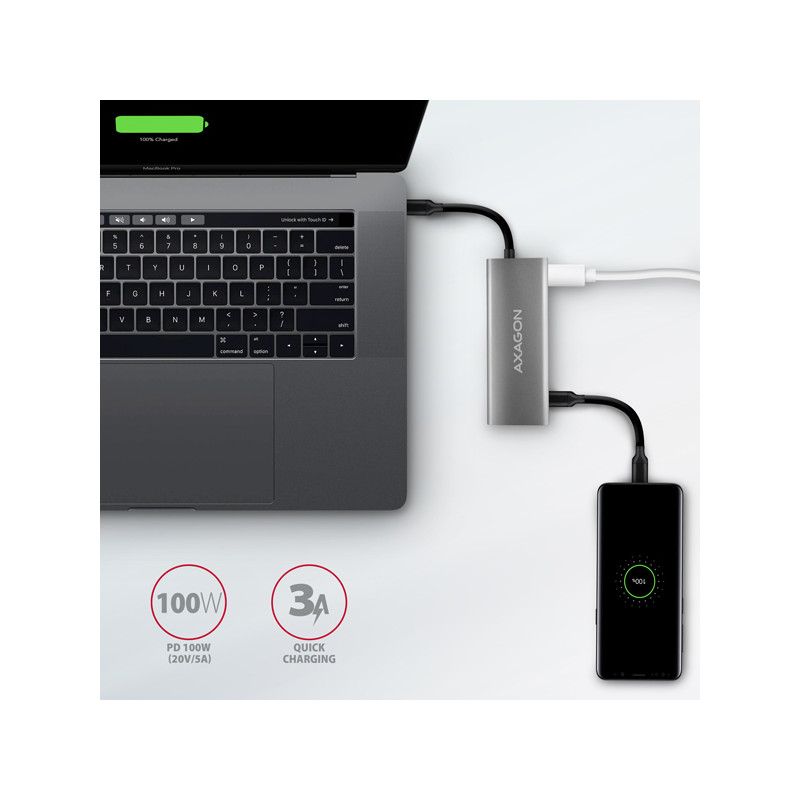 AXAGON HMC-5G2, USB 10Gbps húb, porty 2x USB-A, 2x USB-C, HDMI 4k/60, PD 100W, kábel USB-C 13cm
