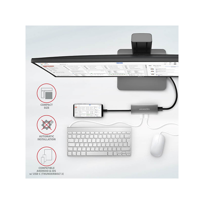 AXAGON HMC-5G2, USB 10Gbps húb, porty 2x USB-A, 2x USB-C, HDMI 4k/60, PD 100W, kábel USB-C 13cm