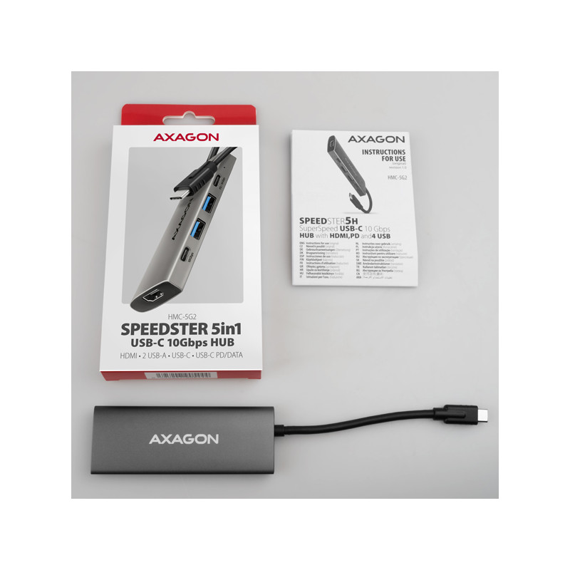 AXAGON HMC-5G2, USB 10Gbps húb, porty 2x USB-A, 2x USB-C, HDMI 4k/60, PD 100W, kábel USB-C 13cm